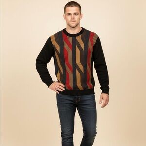 Vintage Men's Geometric Crewneck Sweater - Black, Brown, and Red